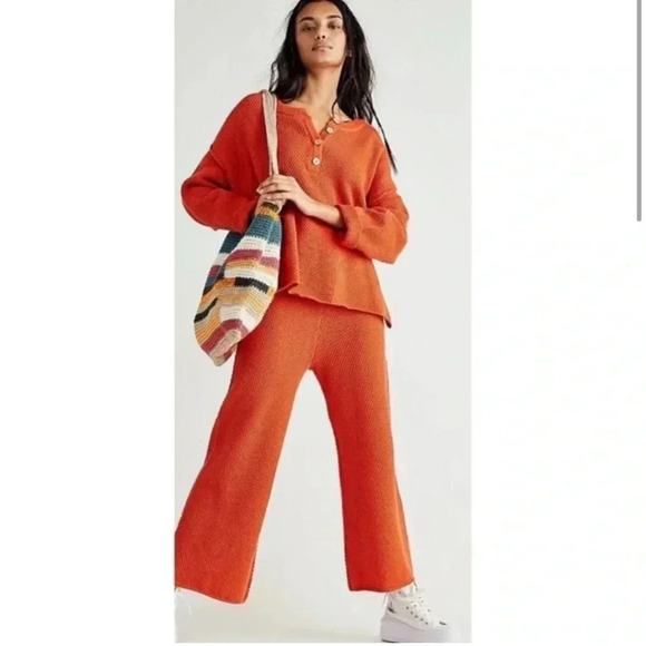 EUC Free People Beach Hailee Sweater women's orange cotton button drop shoulder - Picture 1 of 5